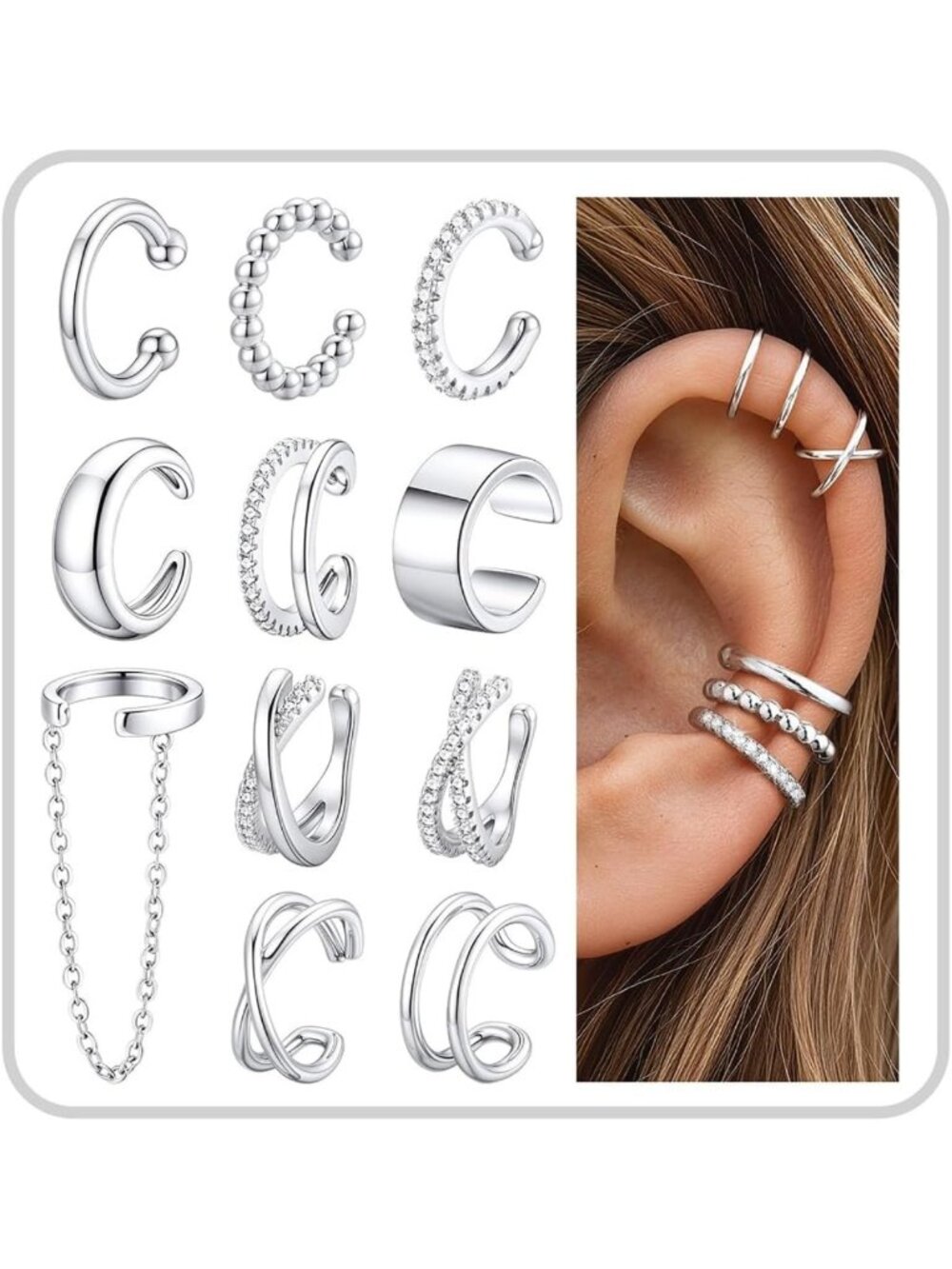11Pcs Adjustable Non-Piercing Ear Cuffs - Stylish Clip-On Earrings Set